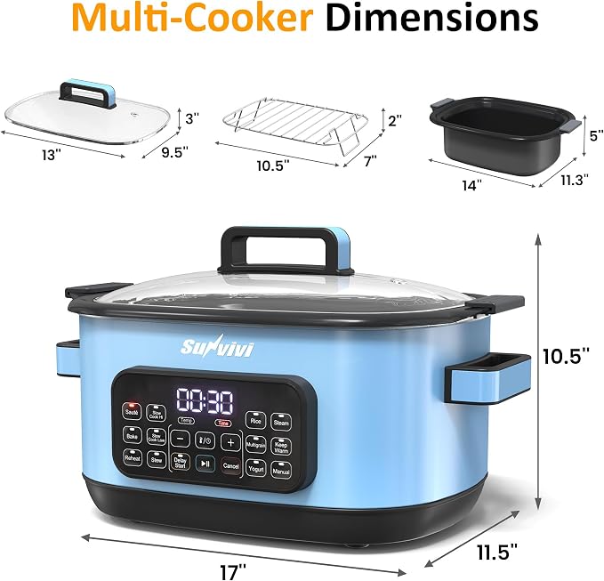 Sunvivi 12-in-1 Programmable Slow Cooker 6.5QT with Timer & Keep Warm | Multicooker with Timer & Temp Control, Dishwasher Safe Lid & Removable Nonstick Crock, Stainless Steel Rack, Blue