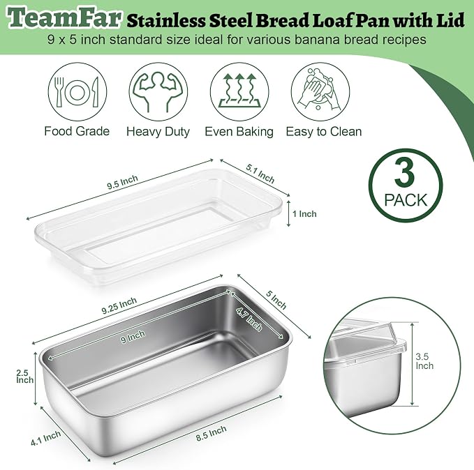 TeamFar Loaf Pan for Baking Bread, 9 x 5 Inch Bread Pan with Lid, Set of 3 | Stainless Steel Meatloaf Pan Tin for Homemade Bread, Brownies, Meal Prep, Storage, Healthy & Dishwasher Safe