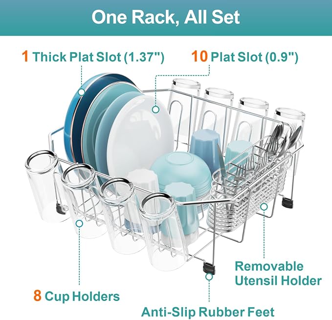 Small in Sink Dish Drying Rack - Stainless Steel for RV Kitchen | Compact Design, Rust-Resistant, Angled Corners Fit Square & Round Sinks, Removable Utensil Holder, Cup Hooks, 13.1"W x 14.4"L