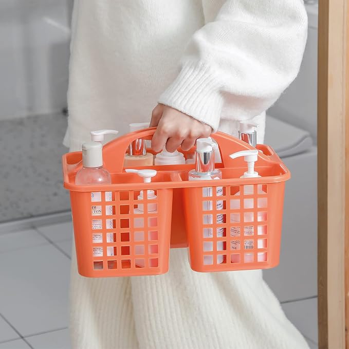 Portable Shower Caddy Basket Plastic Storage Basket with Compartment Orange | Sturdy Large Capacity Cleaning Supplies Organizer Divided Tool Bin for Bathroom Kitchen Bedroom College Dorm Essentials