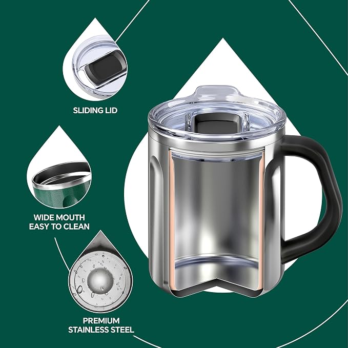 Ideus 16 oz Insulated Coffee Mug with Handle and Lid, Double Wall Stainless Steel Vacuum Thermal Coffee Mug, Travel Coffee Cup Thermal Cup for Home and Office, Deep Green-FUJI FLOW