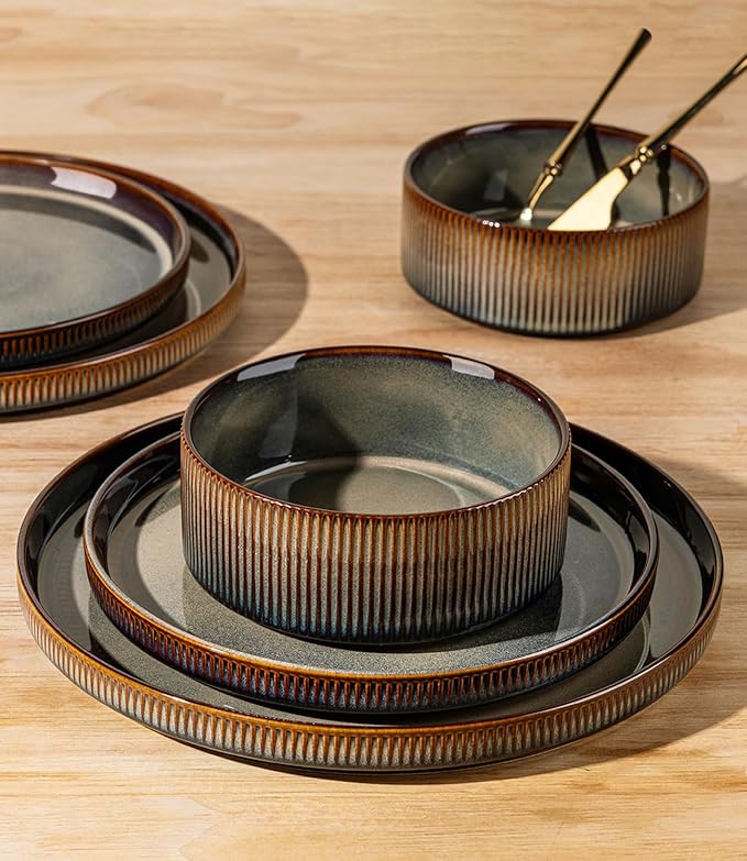 Ceramic Dinnerware Set for 4, 12-Piece Plates and Bowls Set | Lightweight Porcelain Dish Set, Scratch Resistant, Oven & Microwave & Dishwasher Safe, Cocoa Mocha