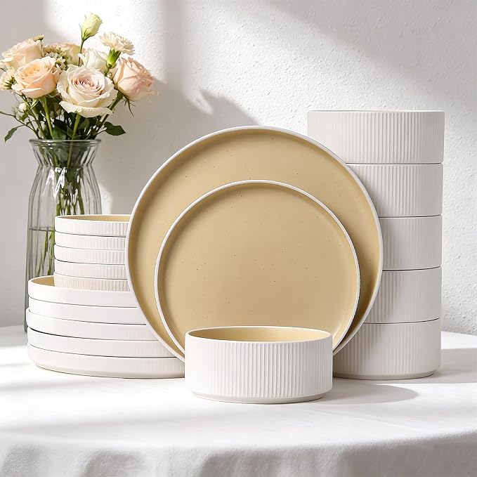 18PCS Ceramic Dinnerware Set for 4,Stoneware Plates and Bowls Sets | Reactive Glaze Dish Set,Scratch Resistant Tableware Set,Reactive Glaze,Microwave & Dishwasher Safe,White Orange