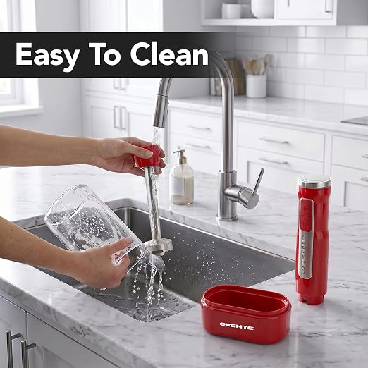 OVENTE Cordless Hand Blender, Rechargeable with 8 Mixing Speed Red HR781R | 200 Watts Handheld Portable Stick Mixer, One-Touch Control and Stainless Steel Blades for Smoothies, Shakes or Soups