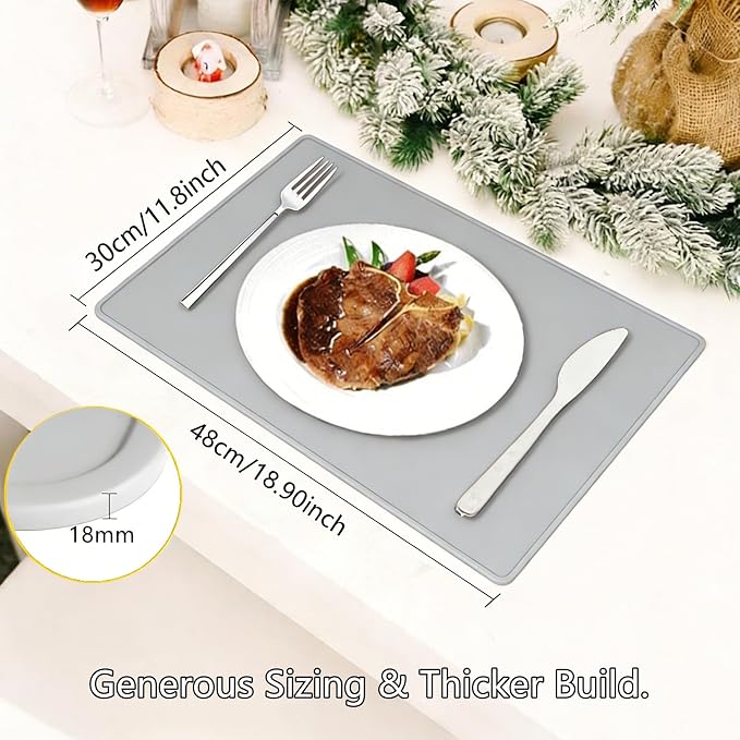 IYYI Silicone Placemats, Dining Placemats Set of 4, Waterproof Placemats for Kids, Heat Resistant Non-Slip Silicone Mats for Dinner Table, Dishwasher Safe (Black, 18.9×11.8)
