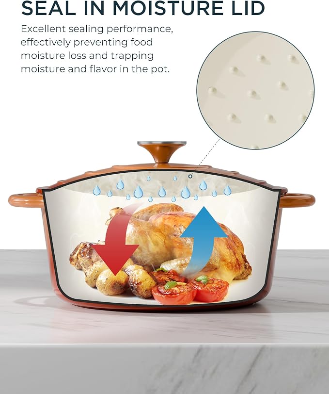 Enameled Cast Iron Dutch Oven - 7.5QT Dutch Oven Pot with Lid & Cotton Potholders - Heavy-Duty Non Stick Casserole Pot for Braising, Stews, Roasting, Baking, Suitable for All Stovetops, Vibrant Orange