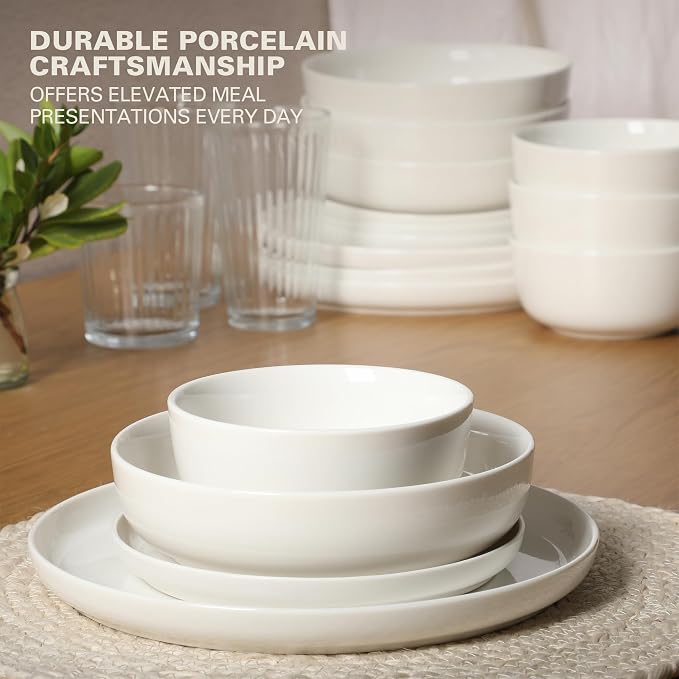 Gibson Home Plates and Bowls Sets - Dinnerware Set for 4, 16-Piece White Dishes — Ceramic Dish Set| Microwave & Dishwasher Safe Dishes - Oslo Collection