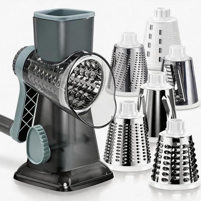 Rotary Cheese Grater Pro 6 in 1 - Shredder Crinkle Slicer Grinder Ice Shaver, Stable Suction, Time-saving Easy Use & Clean, Safe Morden Kitchen Tool for Cheese, Vegetable, Nuts, Chocolate