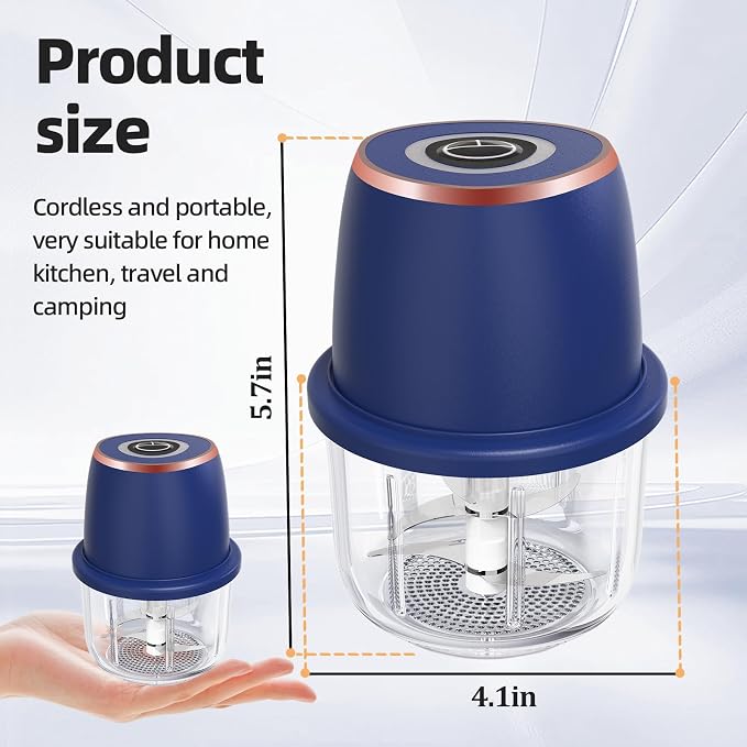 Electric Garlic Chopper 350ml Mini Food Processor Vegetable Chopper（Blue） | BPA-Free Glass Bowl 6-Blade Cutting Cordless & USB Rechargeabl Garlic Chopper Mini Chopper for Onion Herb Nut Easy to Clean