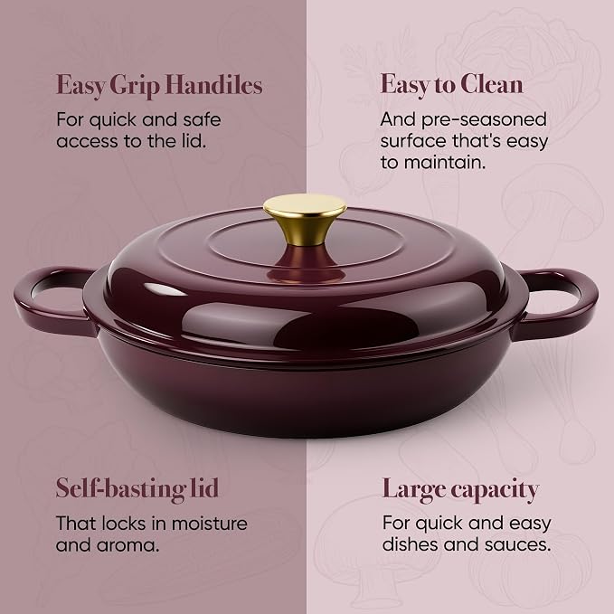 3 Quart Enameled Cast Iron Braiser, Non Stick Enameled Cast Iron Skillet with Lid, Dutch Oven Skillet with lid up to 500°F for Oven, Stove, Grill, Shallow Dutch Oven for Cook, Bake (Fig)