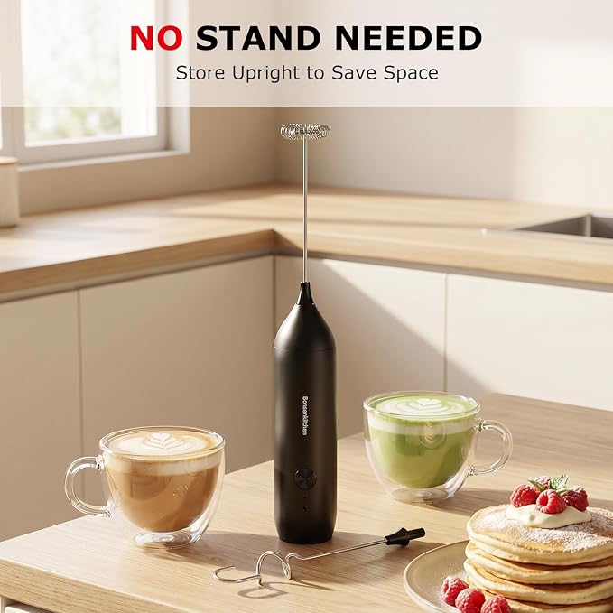 Bonsenkitchen Rechargeable Milk Frother Handheld, Charging USB-C | Electric Foam Maker with Stainless Steel Whisk, Portable Hand Wand Drink Mixer for Coffee Matcha Lattes Cappuccino