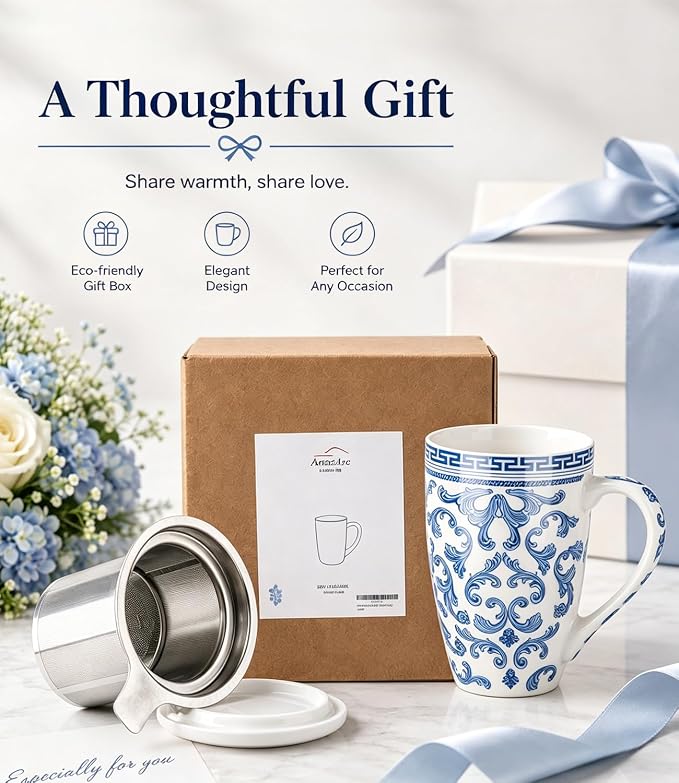 AmorArc Tea Cup With Infuser and Lid, 18oz Loose Leaf Tea Mug With Steeper | Porcelain Tea Mug With Infuser and Lid, Strainer Tea Cup for Tea Lovers, Home & Office, Housewarming Birthday Gift