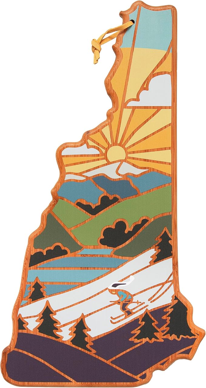 Totally Bamboo New Hampshire State Shaped Cutting Board, Summer Stokes Art | State charcuterie board with colorful hand-drawn landscape art. Smooth reverse side for food prep. Hang tie for wall display.
