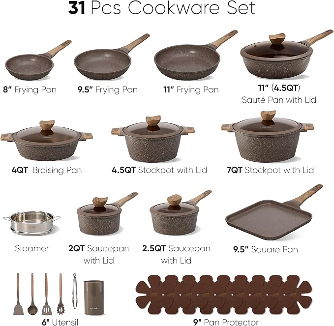 CAROTE 31pcs Nonstick Pots and Pans Set, Cookware Sets with Square Pan | Durable, Special Textured Surface, Easy Food Release, Even Heating, Induction Compatible, with Frying Pans Set & Braiser