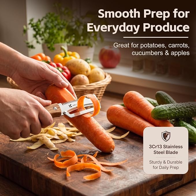 2027 NEW 3-in-1 Multifunctional Vegetable Peeler for Right Hand | Stainless Steel Peeler Knife with Scallion Shredder, Bottle Opener, Wood Handle for Fruits, Vegetables, Kitchen, BBQ, Camping