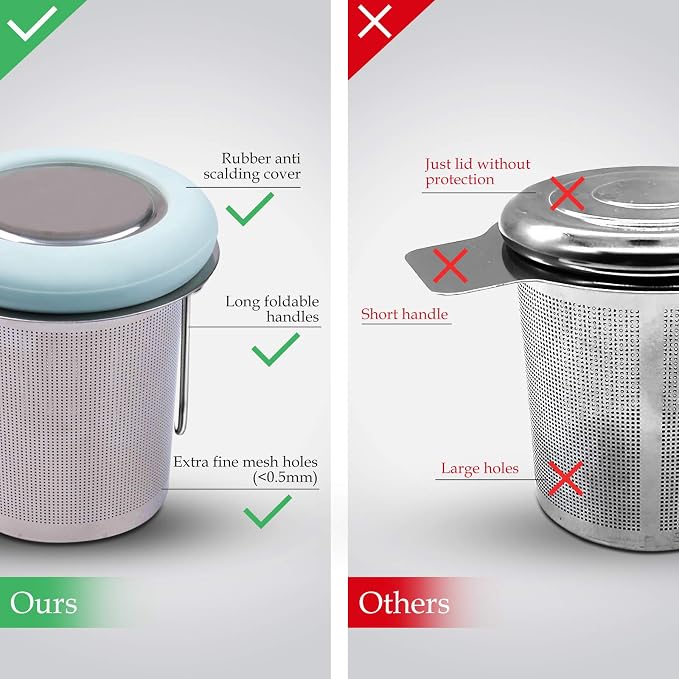 Tea Infuser Stainless Steel Tea Strainer Folding Handle Tea Filter Extra Fine Mesh Strainer Brewing Basket with Lid for Loose Leaf Tea (Light Blue) …
