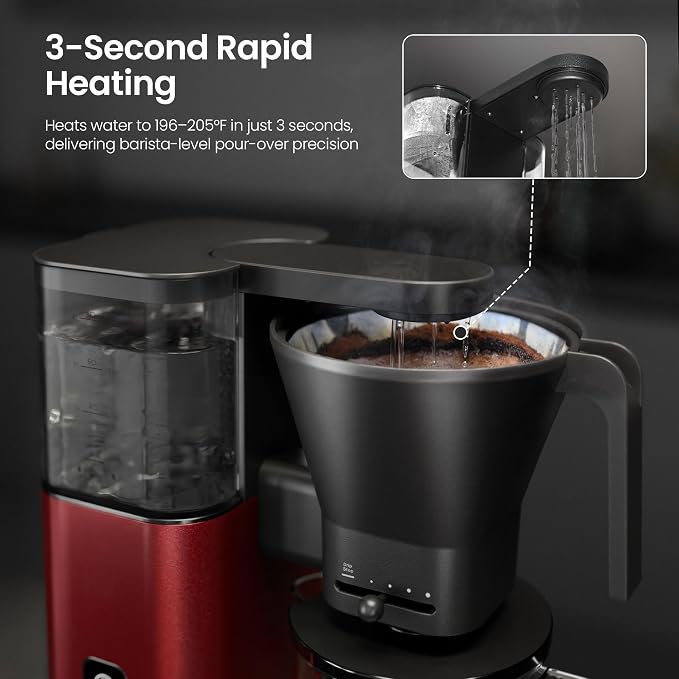 Kismile SCA-Certified 8 Cup Drip Coffee Maker, Pour Over Coffee Machine with 3s Instant Heat 197–205℉, Adjustable Flow Control, Removable Water Tank, Deep Cold Brew & 40 Min Keep Warm (Red)