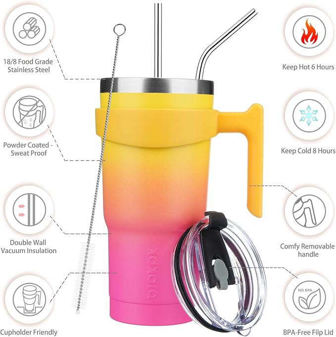 BJPKPK 20 oz Tumbler with Handle & Straw, Insulated Stainless Steel Mug | Double Wall Vacuum, Keeps Hot/Cold, Thermal Cup, BPA Free, Dishwasher Safe, Cupholder Fit, Coffee & Travel, Pink Yellow Rose