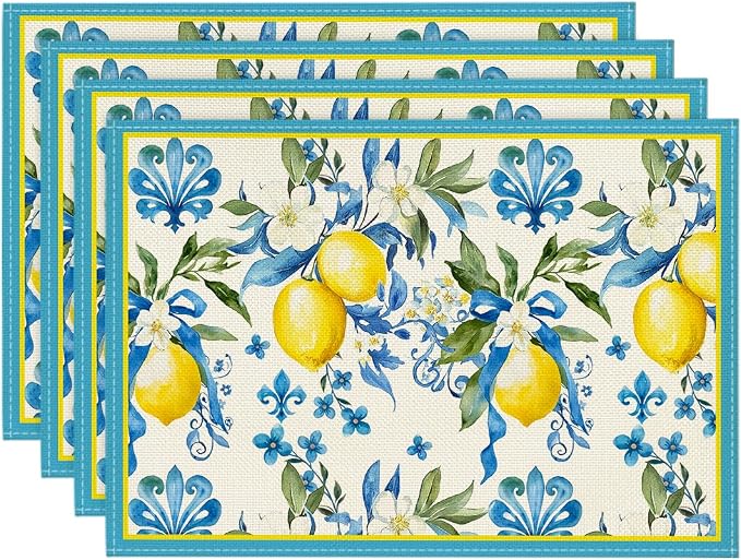 Artoid Mode Blue Lemon Iris Summer Placemats Set of 4, 12x18 Inch Seasonal Table Mats for Party Kitchen Dining Decoration
