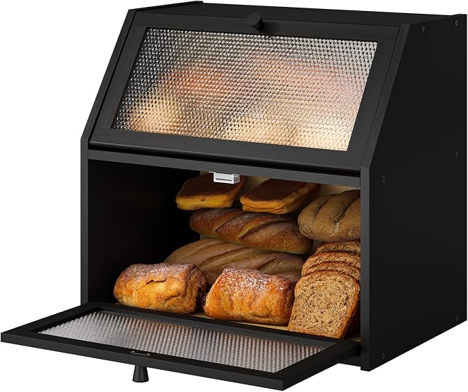 STDDRE Bread Box for Kitchen Countertop Bin Double Layer Bread Box Storage Container Extra Large Capacity with Diamond Pattern Windows (Black, Extra Large)