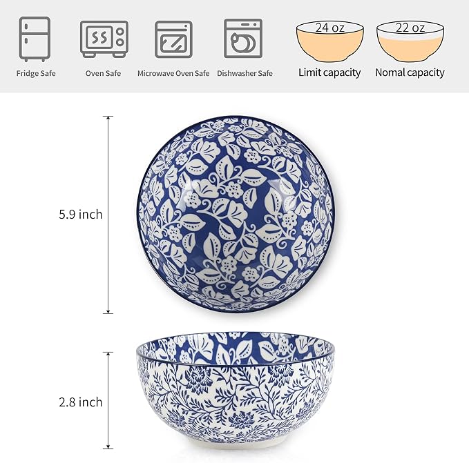 Selamica Ceramic Cereal Bowls Set of 6, 24 Oz Deep Soup Bowls for Kitchen | 5.9 Inch Dessert Bowls for Salad, Pasta, Oatmeal, Ramen, Microwave Dishwasher Safe, Vintage Blue