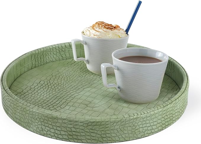 HofferRuffer Faux Leather Round Serving Tray, Vegan Croco Leather Decorative Food Tray for Storage Drinks, Snack & Cosmetics, Dia.12'' x 1.6'' (Light Green)