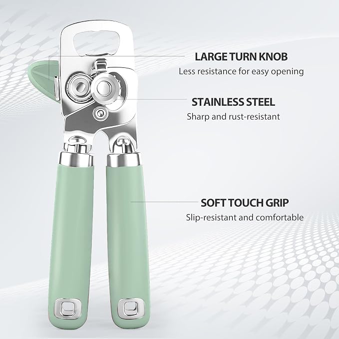 Safring Can Opener Manual, Heavy Duty Stainless Steel Smooth Edge Can Opener With Soft Touch Handle, Oversized Handheld Easy Turn Knob, Multi-Function Bottle Opener, Mint