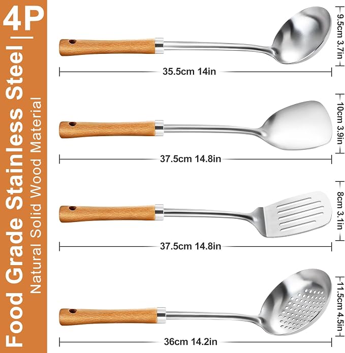 Pleafind 4-Pcs Cooking Utensils Set, Stainless Steel Kitchen Utensils with Wooden Handle, Kitchen Essentials Set Include Wok Ladle, Slotted Spoon, Wok Spatula and Slotted Spatula, Dishwasher Safe