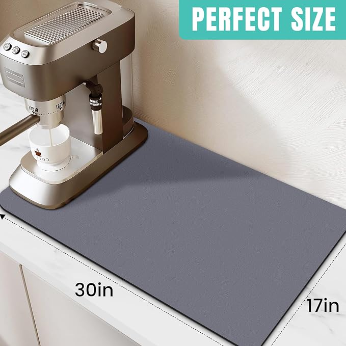 Coffee Mat Super Absorbent Dish Drying Mat Coffee Bar Mat 17"x 30", Grey | Match with Coffee Machine Accessories Large Drying Mats for Kitchen Counter