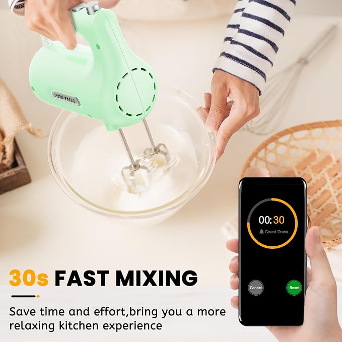 Lord Eagle 5-Speed Small Hand Mixer Electric, 300W Compact Portable, Green | Handheld Kitchen Mixer Egg Beater with 5 Attachments & Storage Bag, Cake Supplies for Bread Dough Baking, Lightweight