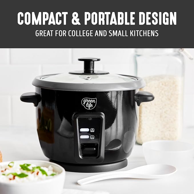 GreenLife Rice Cooker, 3-Cups Uncooked/6-Cups Cooked, Black | PFAS-Free Ceramic Nonstick Removable Pot, One-Switch Design, Grains Multicooker, Keep Warm, Dishwasher Safe Parts, Easy Clean