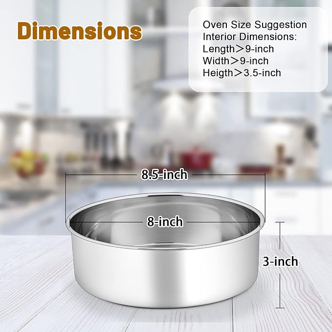P&P CHEF 8 Inch Cake Pans Set, 3Pcs Stainless Steel Round Baking Pan | Round Layer Cake Tins for Birthday Wedding, Non Toxic & Heavy Duty, 3 Inch Deep Side & Mirror Finish, Oven & Dishwasher Safe