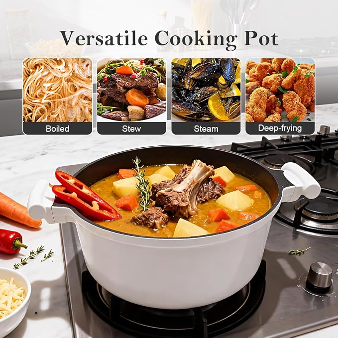 5 Qt Nonstick Stock Pot with Lid, Soup Pot with Stay-Cool Handle, White | Lightweight & Durable, Suitable for All Stoves, Including Induction, PTFE & PFAS & PFOA Free