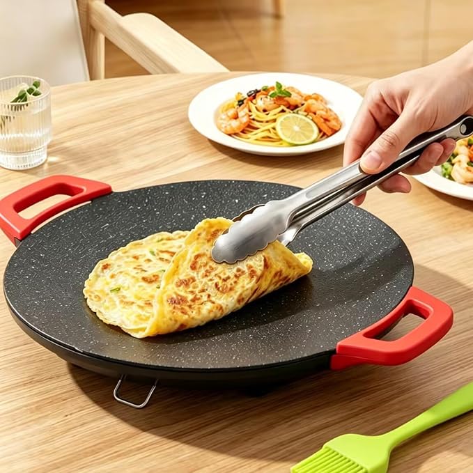 Electric Smokeless Grill, Non-Stick BBQ Griddle with Temperature Control, Round Cooking Surface with Red Handles, Indoor Barbecue Pan for Meat and Seafood (14)