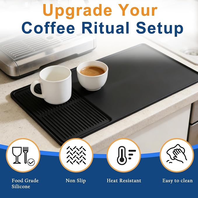 Mrcrypos Silicone Coffee Station Mat with Rasied Edges 16x24 Inch, Black | Anti-Slip, Heat-Resistant, Spill-Proof, Bar Mat for Most Countertop & Espresso Machines, under Coffee Maker/Dish Rack
