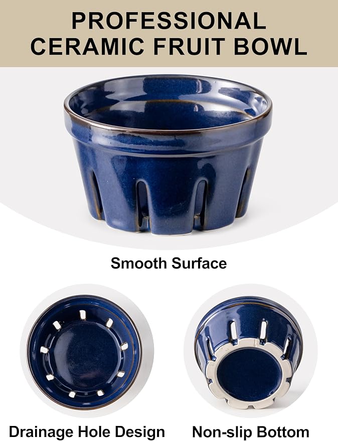 Gomakren Ceramic Berry Basket Set of 2, Fruit Bowl with Holes, Cobalt Blue | Drain Holes Keep Berries Fresh, Stackable Space-Saving, Dishwasher Safe, Versatile Fruit Serving & Farmhouse Kitchen Decor