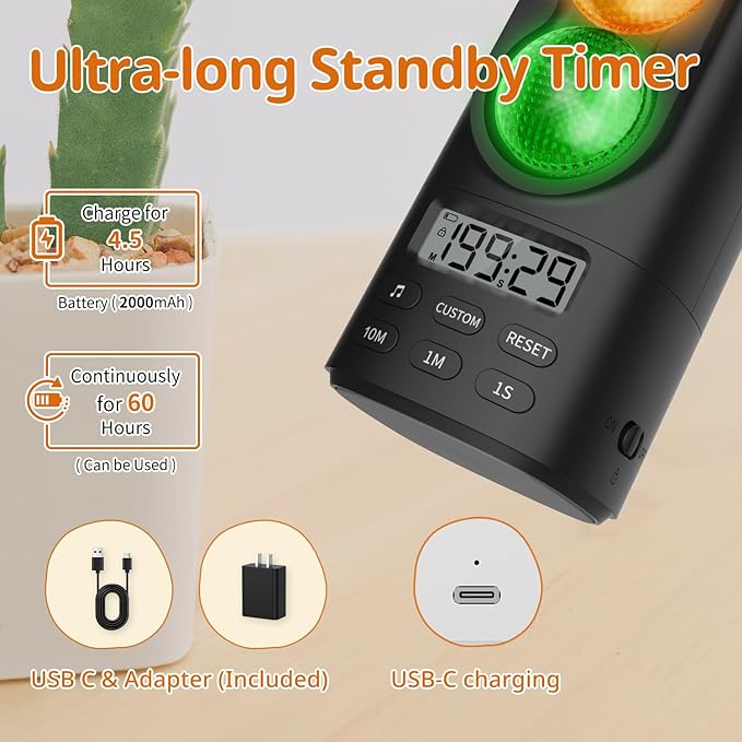 Traffic Light Visual Timer&ADHD Tool for Kids Adults Display Volume Adjustment, with 4 Ringtones for Classroom Desk Home Kitchen Game Countdown Pause Memory Function Charger Type C Included | visual meeting Classroom Desk Kitchen Type C Included Back t...
