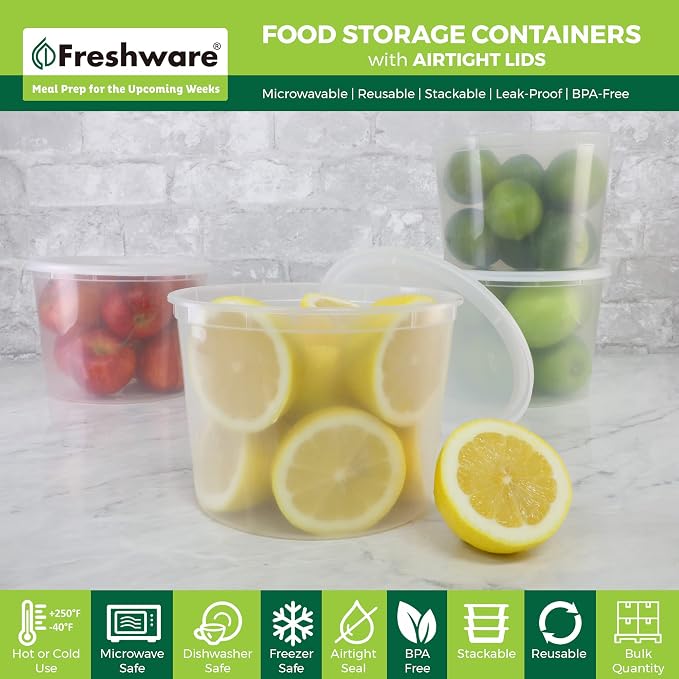 Freshware [12 Pack, 64 oz] 1/2 Gallon Plastic Deli Food Storage Soup Containers With Airtight Lids, Slime Containers, Freezer Safe | Meal Prep | Stackable | Leakproof | BPA Free, Clear