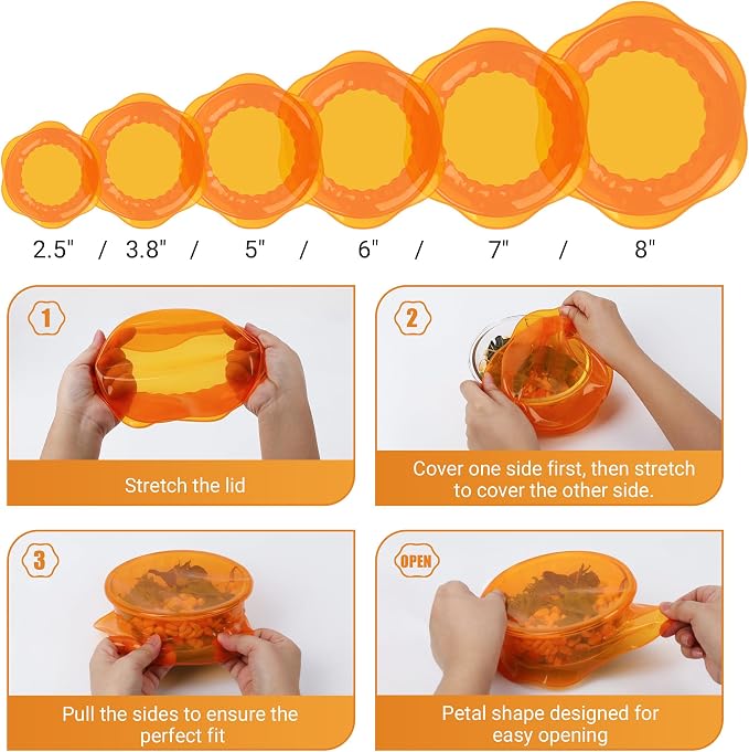 Silicone Stretch Lids for Food Storage in Fridge, Reusable Elastic Bowl Covers for Cup, Cans, Jars, Round & Rectangle Container, Food Grade Silicone Microwave Food Cover, Orange, 6PCS