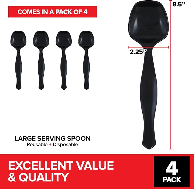 4 Count Disposable Black Plastic Serving Utensils for Catering Weddings, Holiday Parties and More, Large Plastic Spoons for Buffet, Stock Your Home
