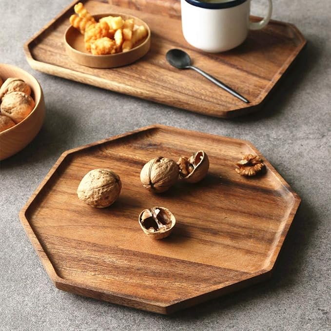 2 Acacia Wooden Trays Serving Platter Cheese Veggie Round Charcuterie Board | 2Pcs Wood Charger Plate Square Decorative Tray for Food Cookie Platter Hosting Christmas Cute Circle Bread Charcuterie Board