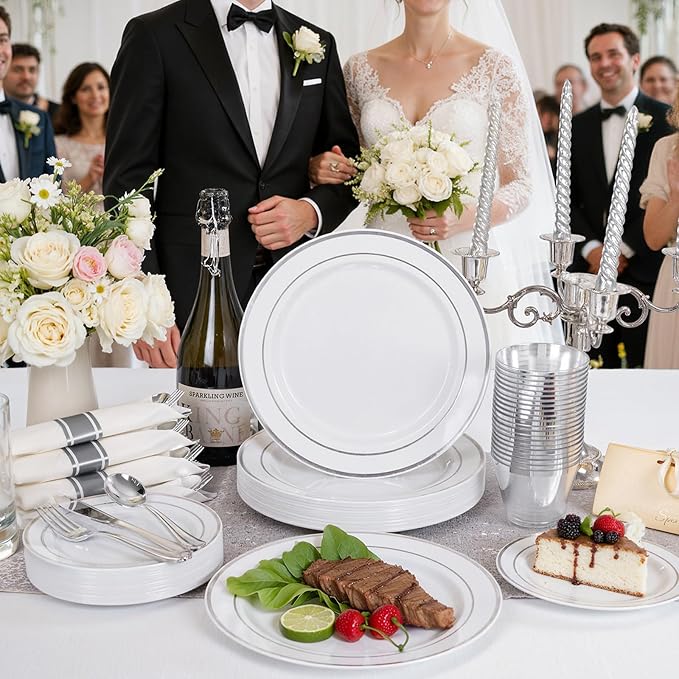 175PCS Sliver Plastic Plates - Silver Plates Disposable - White Plate with Silver Trim 25Guests Plastic Dinnerware Sets with Rolled Napkins for Wedding Baby Shower Spring Birthday