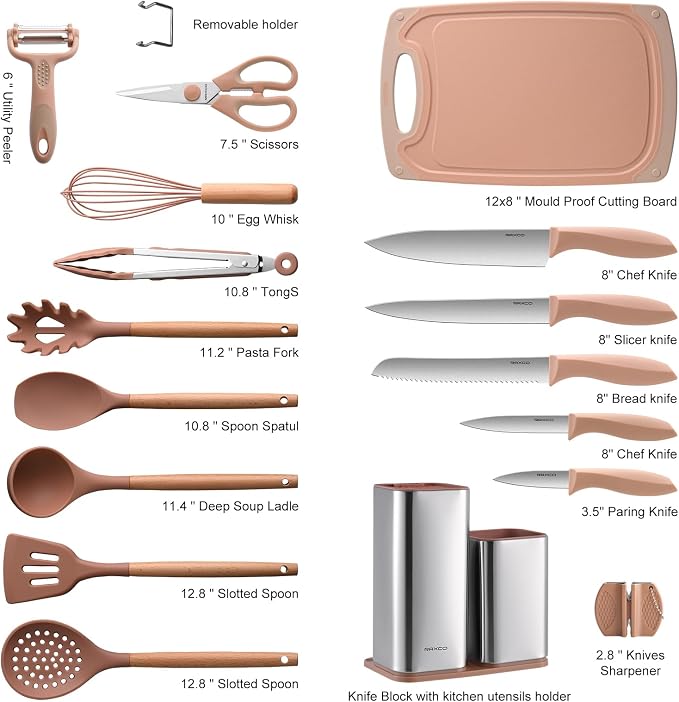 Utensil Sets,18-Piece Silicone Cooking Utensils and Knife Set,Mousse | Dishwasher-Safe Kitchen Utensils,Large Capacity Countertop Organizer for Knives,Utensils,Cutting Board