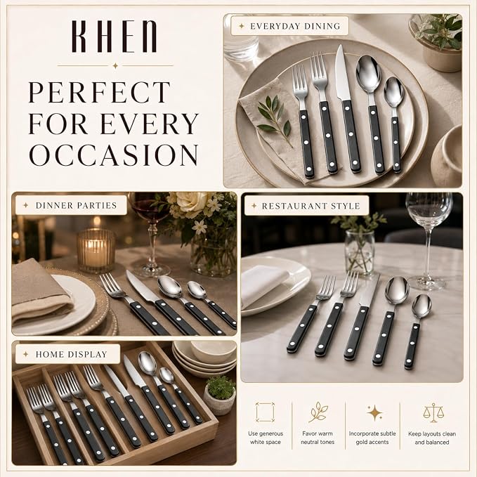 Cutlery 20-Piece Flatware Set, Stainless Steel Silverware - Black | 18/8 Stainless Steel | Dishwasher Safe | Ergonomic Handles | Lightweight Design | Service for 4 | Built for Daily Use