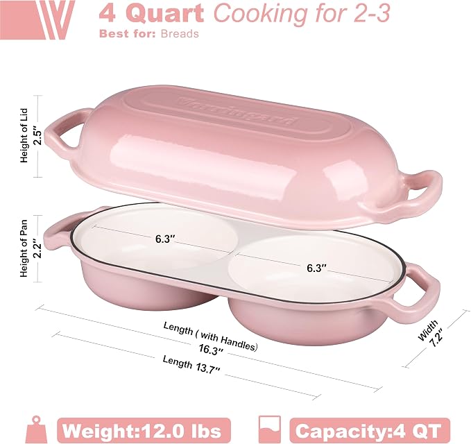 Enameled Cast Iron Double Dutch Oven with Lid, Dual Round Loaf Pan, Bread pan for Homemade Sourdough Bread Baking, Pink