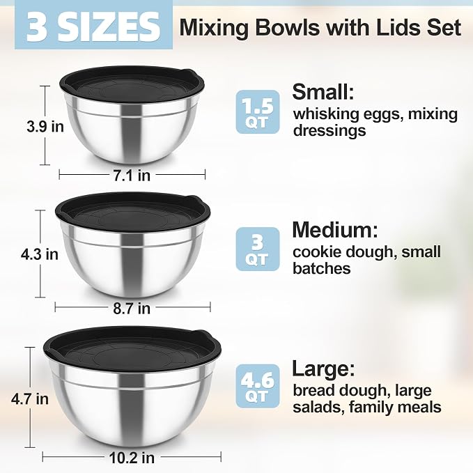 TeamFar Mixing Bowls, Stainless Steel Nesting Salad Bowls & Airtight Lids | For Serving/Mixing/Storing, Healthy & Long-lasting, Dishwasher Safe & Easy Clean, 4.6/3 / 1.5 QT, Black
