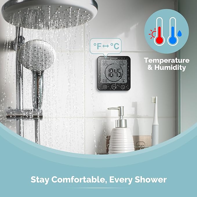 KADAMS Shower Clock Waterproof Bathroom Timer – Digital Wall Clock with Countdown, Magnetic Kitchen Clock with Temperature & Humidity, Suction Cup for Kids Shower Spa Cook Bath (Black)