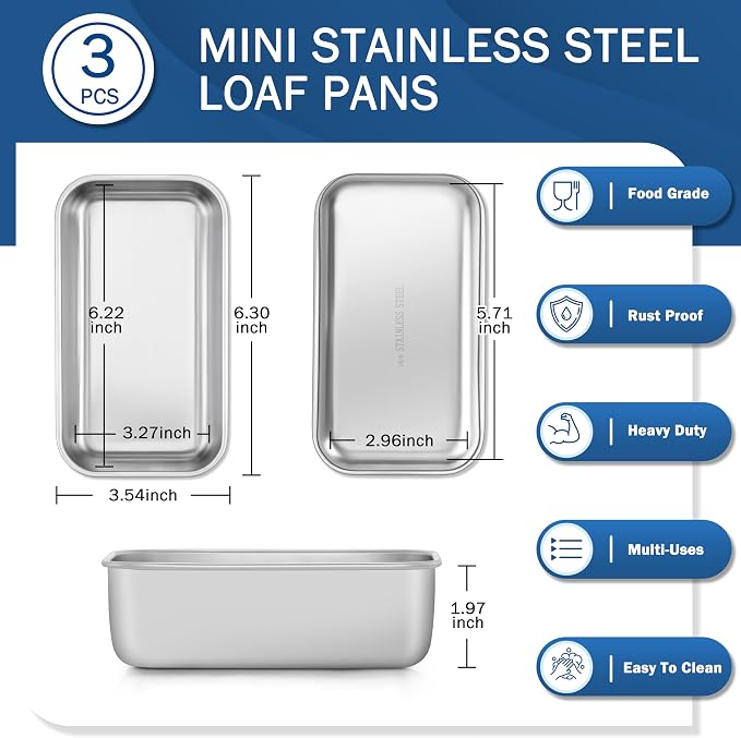 TeamFar Mini Loaf Pan, 3 PCS Stainless Steel Loaf Pans for Baking Bread | 6.3 x 3.5 Inch Bread Baking Pan for Homemade Bread, Meatloaf, Cake and Brownies, Non-Toxic, Oven & Dishwasher Safe