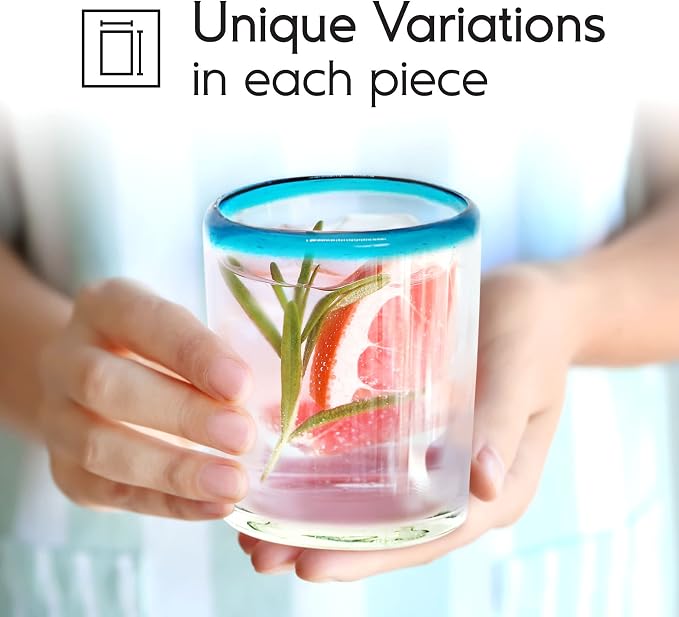 Aqua Blue Rim 10 oz Tumbler Glasses (set of 6) Mexican Handmade Glassware, Recycled Glass, Lead-free, Toxin-Free (Tumbler)