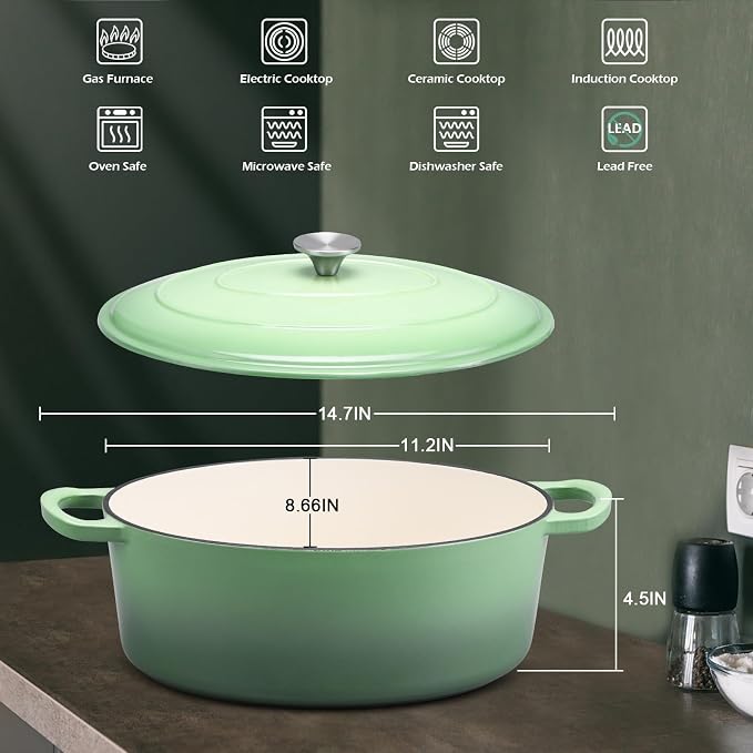 5QT Oval Dutch Oven Pot with Lid, Leonyo 5 Quart Enameled Oval Cast Iron Dutch Oven for Sourdough Bread Breaking, Heavy Duty Cookware for Braising, Stews, Roasting, Pistachio Green